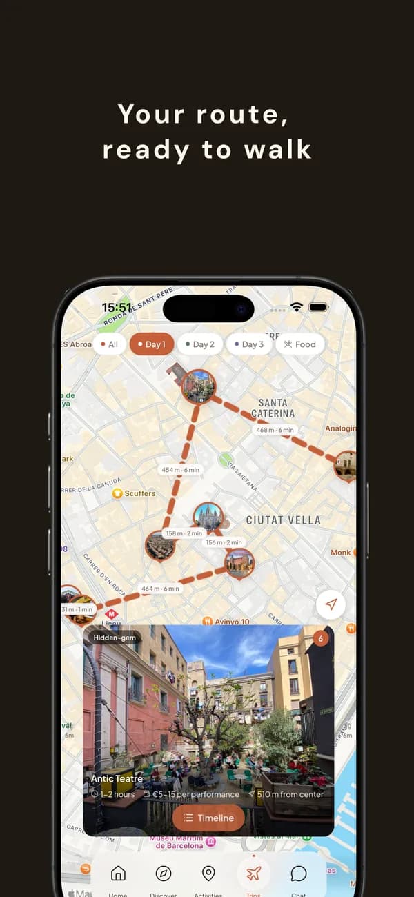 Periplo route map showing a Day 1 walking route through Barcelona's Ciutat Vella with hidden-gem stops